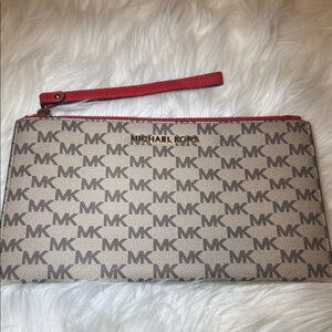 Michael Kors Beige MK Monogram Wristlet with Red Trim large zip